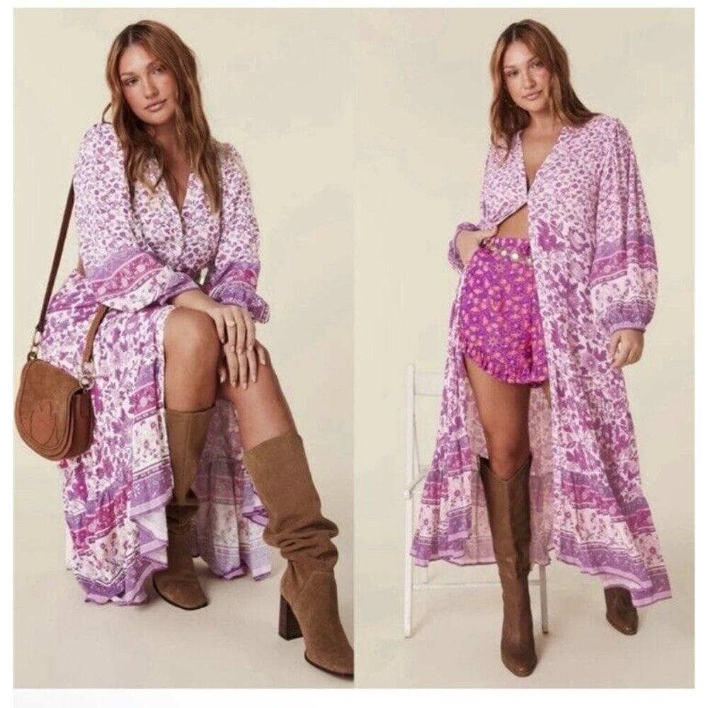 Spell Mossy Button Through Floral Gown Duster Maxi Dress Lilac Sz S - Picture 2 of 13